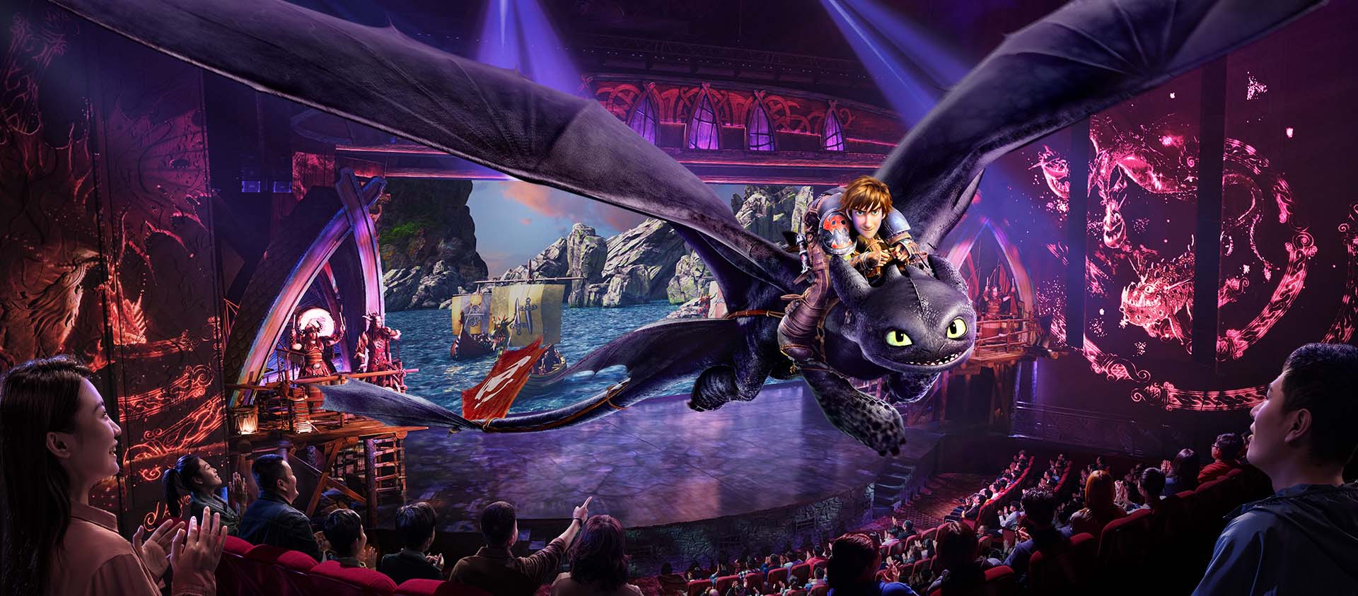 Hiccup and Toothless in Untrainable, the immersive How to Train Your Dragon stage show at Universal Studios Beijing